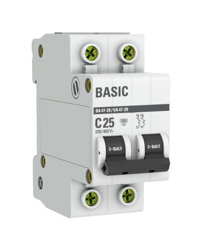 Автоматический выключатель 2P 25А (C) 4,5кА ВА 47-29 Basic (mcb4729-2-25C). Автоматический выключатель. EKF в Химках
