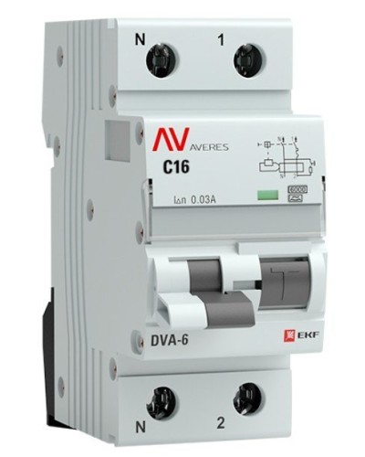 DVA-6 1P+N 16А (C) 30мА (A) 6кА  AVERES (rcbo6-1pn-16C-30-a-av). Автоматический выключатель дифференциального тока. EKF в Химках
