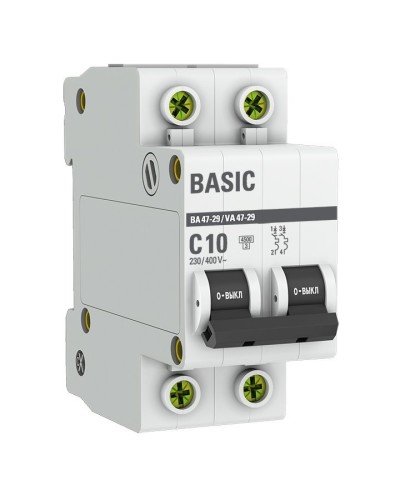 Автоматический выключатель 2P 10А (C) 4,5кА ВА 47-29 Basic (mcb4729-2-10C). Автоматический выключатель. EKF в Химках