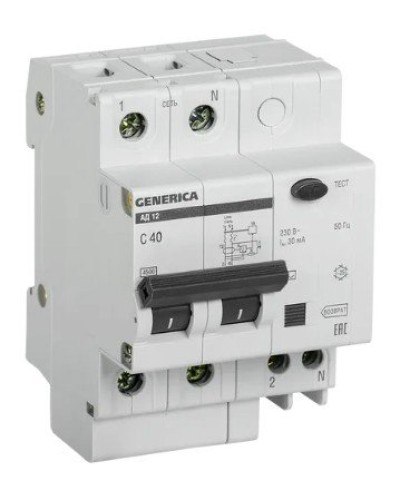 GENERICA АД12 2Р 40А 30мА (MAD15-2-040-C-030). Автоматический выключатель дифференциального тока. IEK в Химках