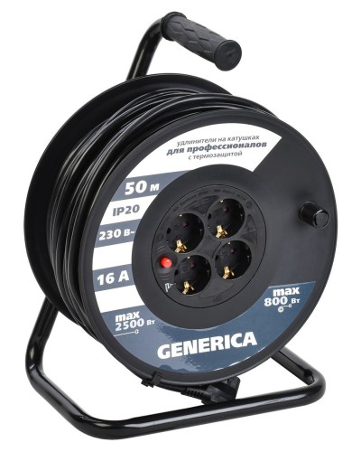 УК50 4 места 2P+PE, 50м GENERICA (WKP20-16-04-50-G). Удлинитель на катушке с термозащитой, 3х1,5кв.мм. IEK в Химках