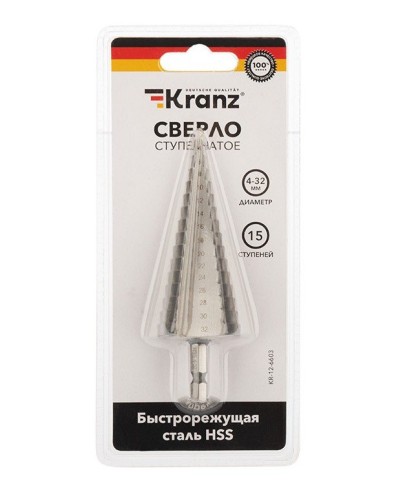 Сверло по металлу ступенчатое 4,0-32,0 мм 102 mm 62 HRC Kranz (KR-12-6603): Сверло по металлу шлифованное в Химках