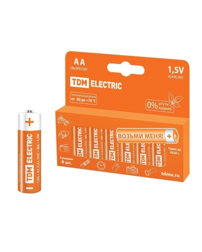 LR6 AA Alkaline 1,5V PAK-8 TDM (SQ1702-0009). Элемент питания. TDM ЕLECTRIC в Химках